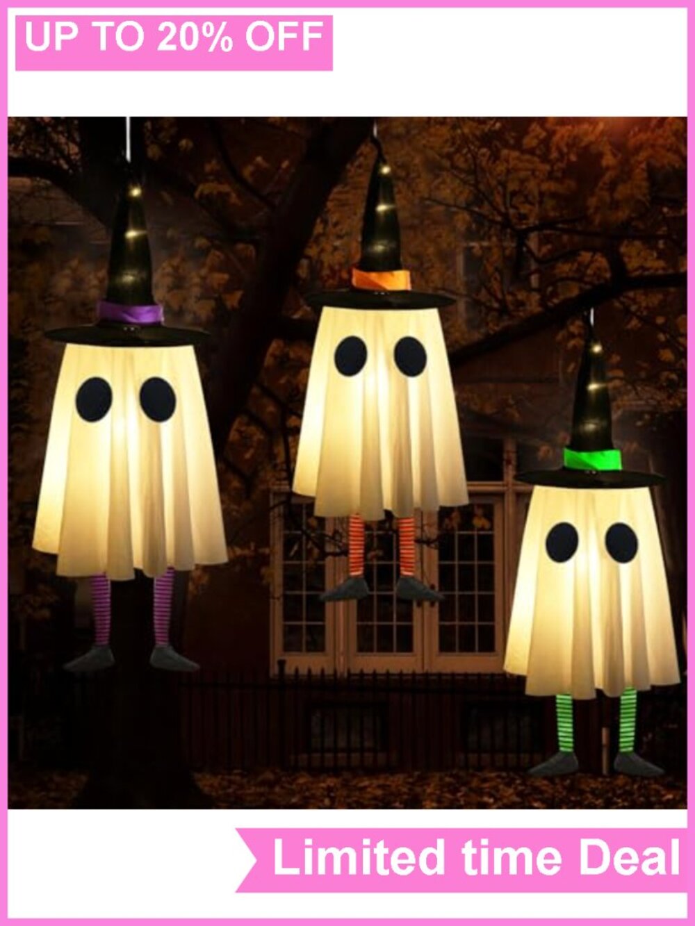 3 Pack Halloween Ghost Witch Hat LED Hanging Lights Outdoor Decor